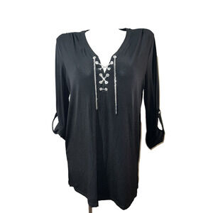 MICHAEL BY MICHAEL KORS Top Black Silver Chain Neck Detail Roll Tab Slv Tunic L